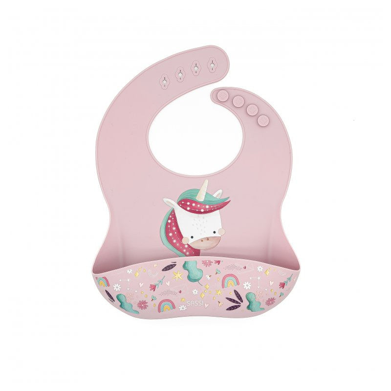 Babero de silicona con bolsillo unicornio brillante