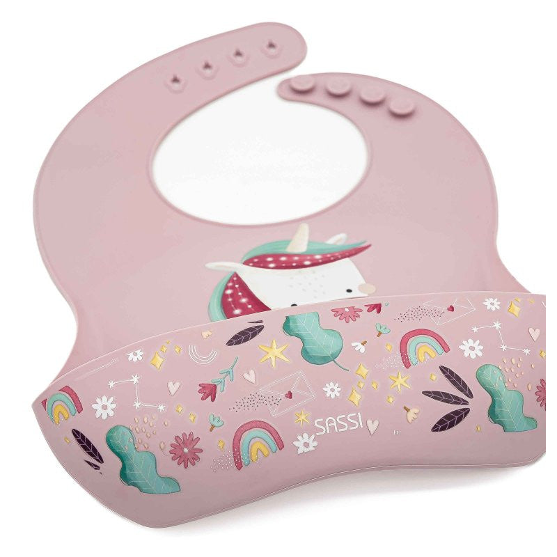 Babero de silicona con bolsillo unicornio brillante