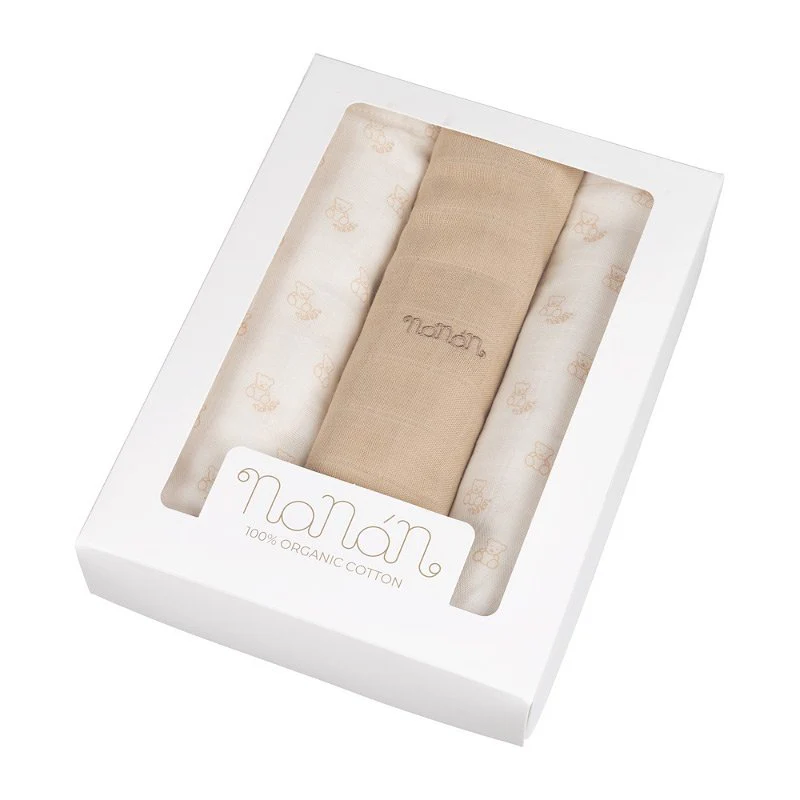 Set 3 muselinas Nanan all over ositos 80x80 cm beige