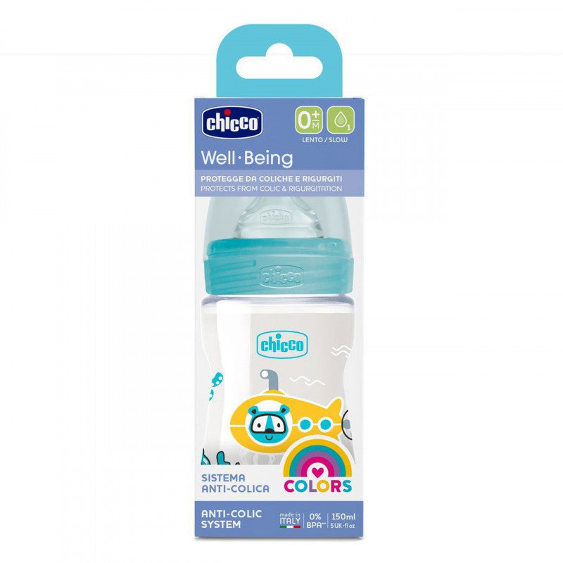 Biberón Bienestar Flujo Lento de Plástico Celeste